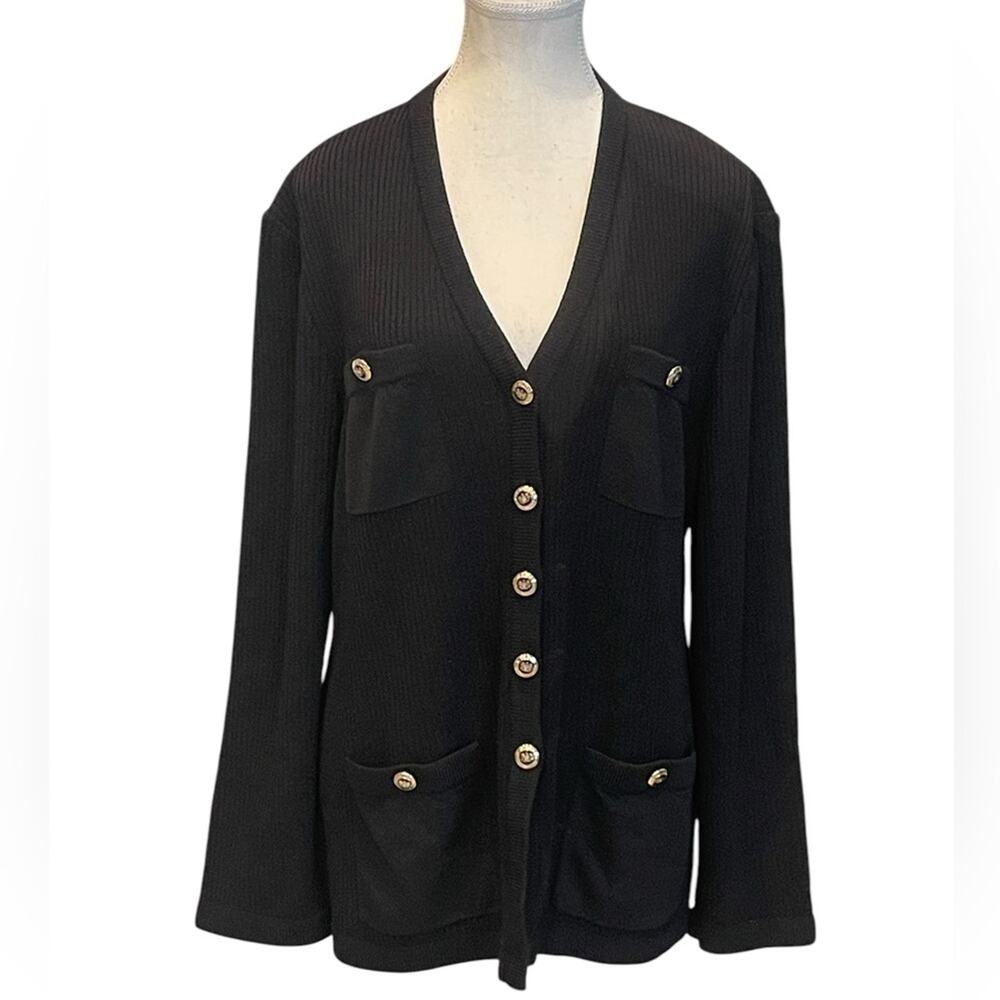 St. John Classic Black Ribbed Wool Blend Cardigan Sweater Jacket, Size 16